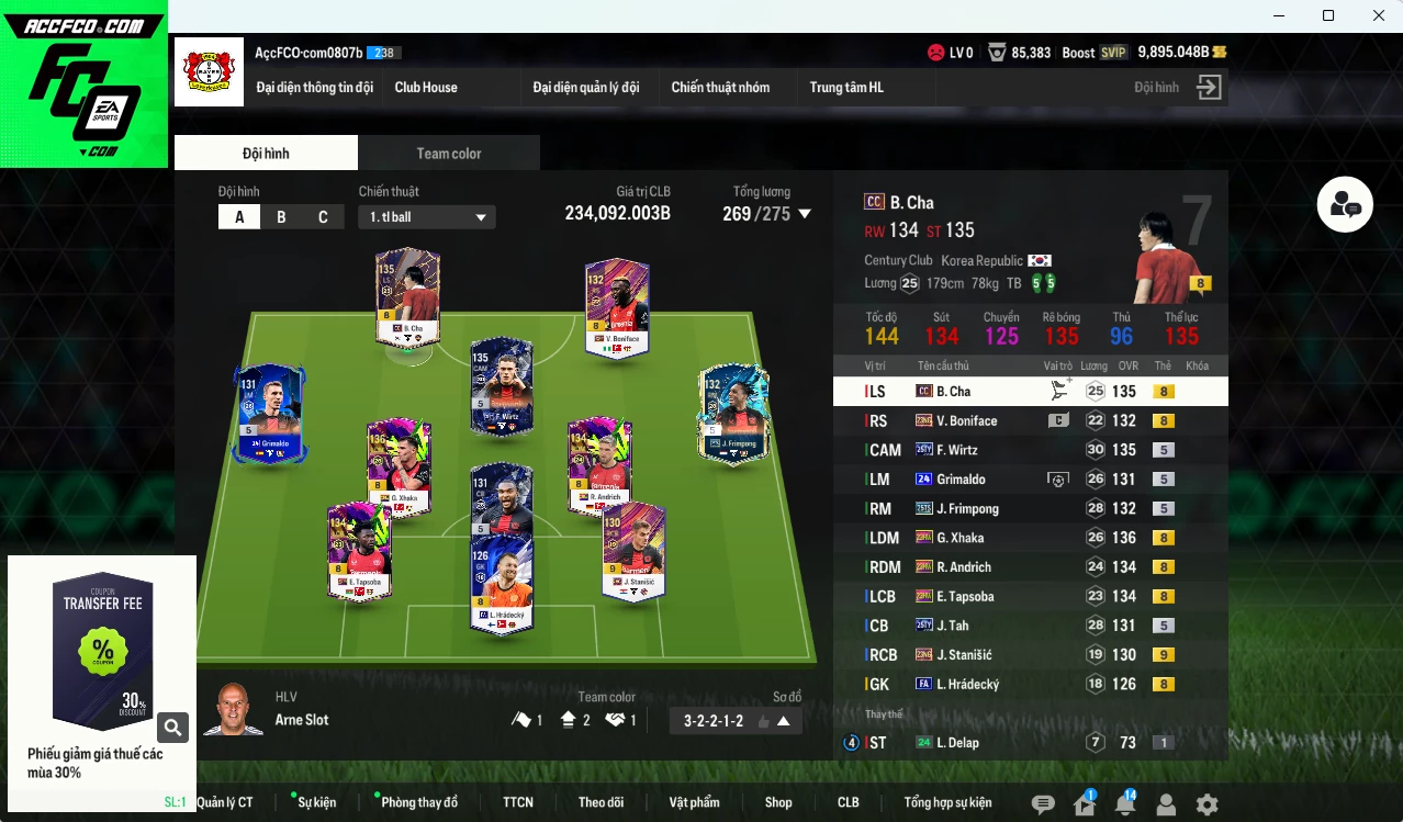 Bayer 04 Leverkusen 234.090b dư 9800b có Wirtz 25TY, Xhaka 23HW, Frimpong 25TS, B. Cha CC, Stanisic 23NG+9, Andrich 23HW, Tah 25TY... HLV Xịn
